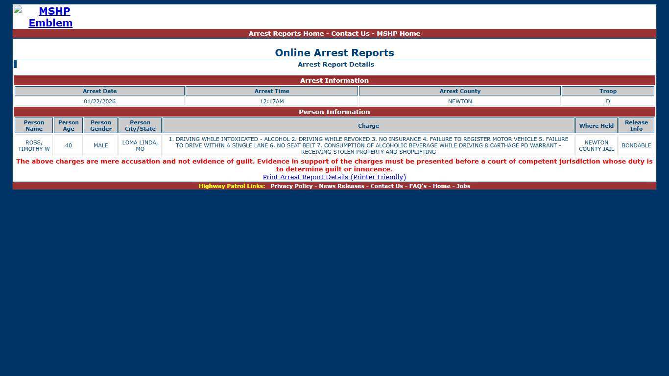 Missouri State Highway Patrol - Arrest Report Details