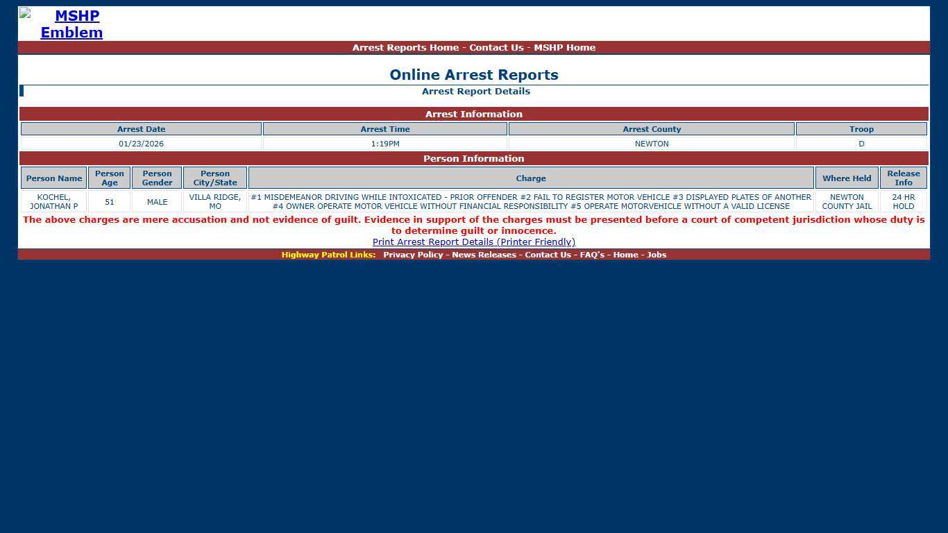 Missouri State Highway Patrol - Arrest Report Details