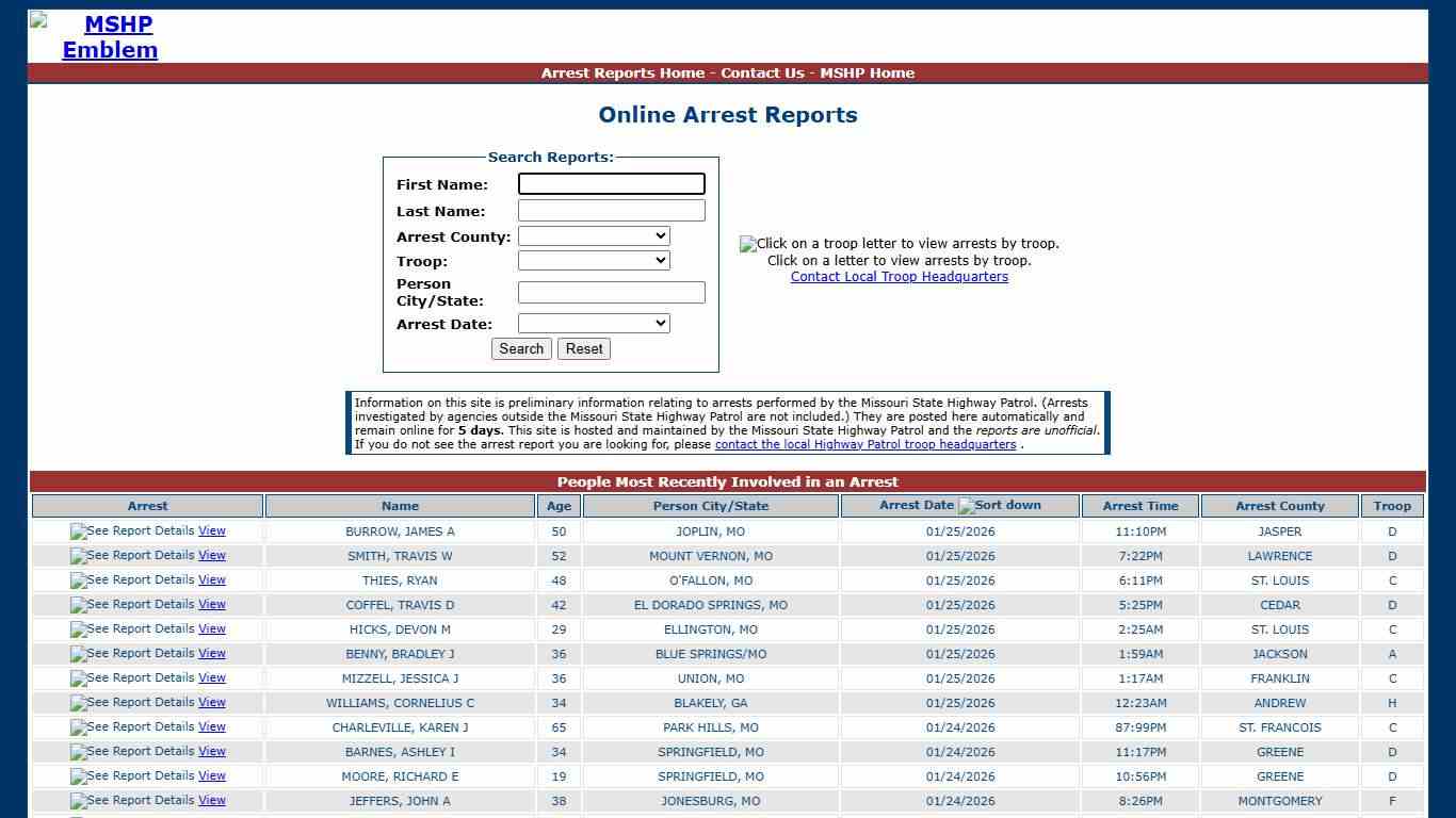 Missouri State Highway Patrol - Arrest Reports